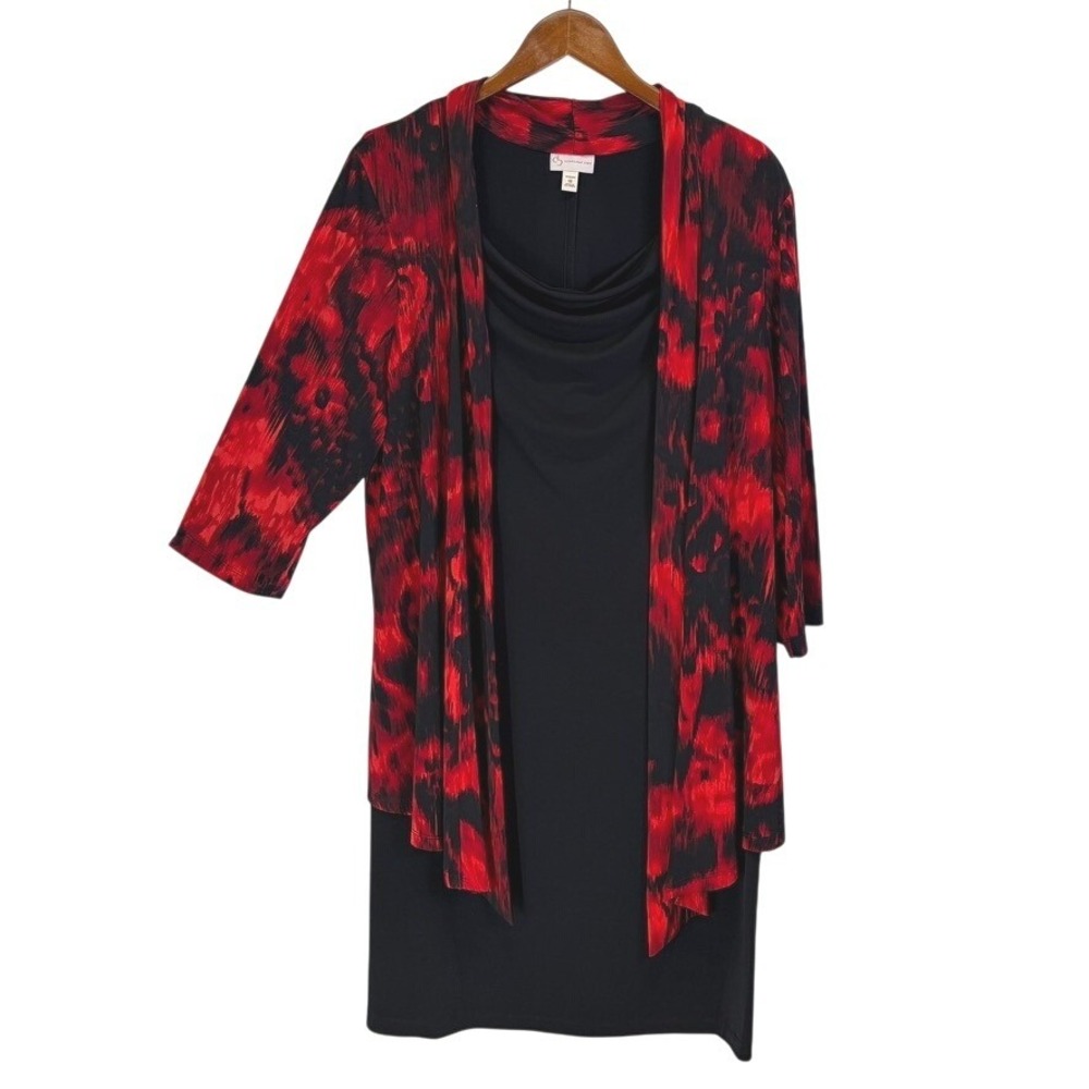 D&B Layered Sheath‎ Dress Women 18 Red Black Cardigan Overlay Excellent